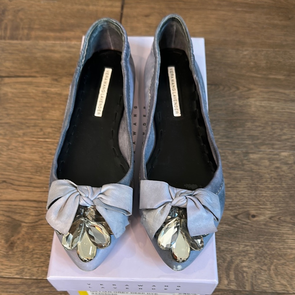 Elegant Gray Women's Flats with Bow and Gem Detail